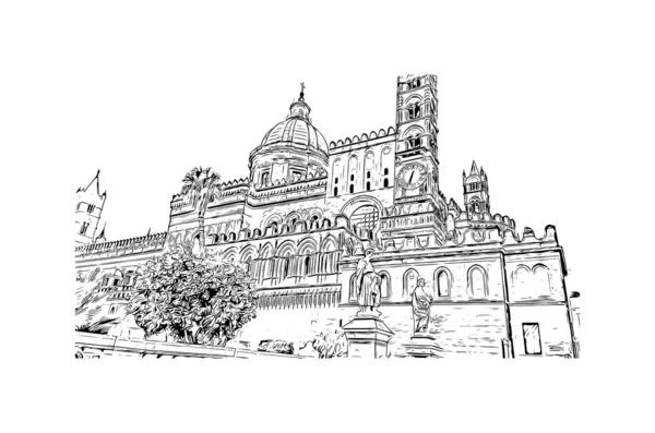 具有巴勒莫地标的印刷建筑景观是意大利的城市 矢量手绘草图 — 图库矢量图片