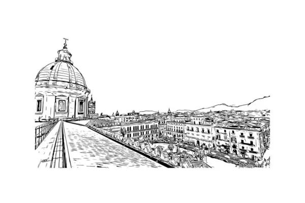 Afdrukken Gebouwenzicht Met Herkenningspunt Palermo Stad Italië Handgetekende Schets Illustratie — Stockvector