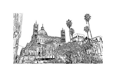 Print Building view with landmark of Palermo is the city in Italy. Vektörde elle çizilmiş çizim çizimi.