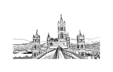 Print Building view with landmark of Palermo is the city in Italy. Vektörde elle çizilmiş çizim çizimi.