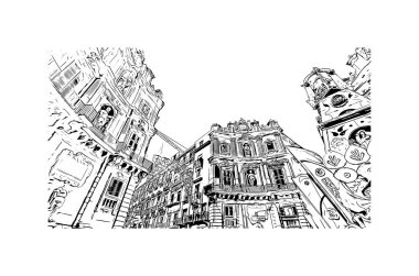 Print Building view with landmark of Palermo is the city in Italy. Vektörde elle çizilmiş çizim çizimi.