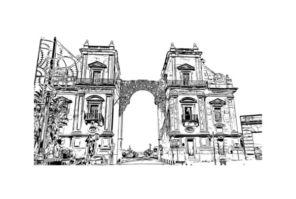 印刷パレルモのランドマークとビルの景色はイタリアの街です 手描きのスケッチ図ベクトル — ストックベクタ