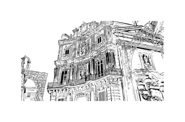 印刷パレルモのランドマークとビルの景色はイタリアの街です 手描きのスケッチ図ベクトル — ストックベクタ