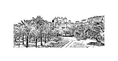 Palma 'nın simgesi olan Print Building View, İspanya' nın başkentidir. Vektörde elle çizilmiş çizim çizimi.