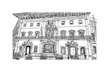 Palma 'nın simgesi olan Print Building View, İspanya' nın başkentidir. Vektörde elle çizilmiş çizim çizimi.
