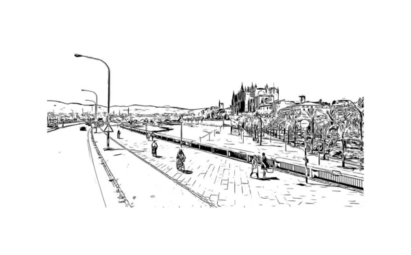 Print Vue Imprenable Sur Palma Est Ville Espagne Illustration Dessinée — Image vectorielle