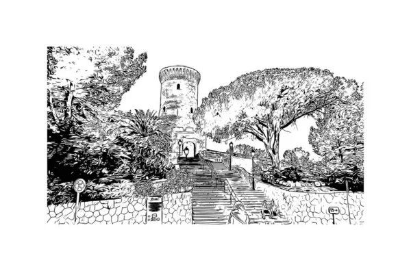 Print Building View Landmark Palma Város Spanyolországban Kézzel Rajzolt Vázlat — Stock Vector