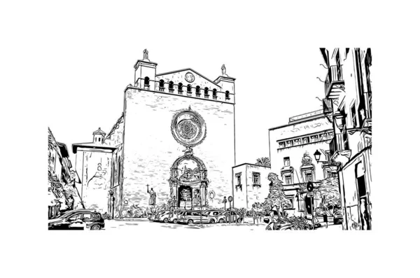 带有帕尔马地标的印刷建筑景观是西班牙的一个城市 矢量手绘草图 — 图库矢量图片