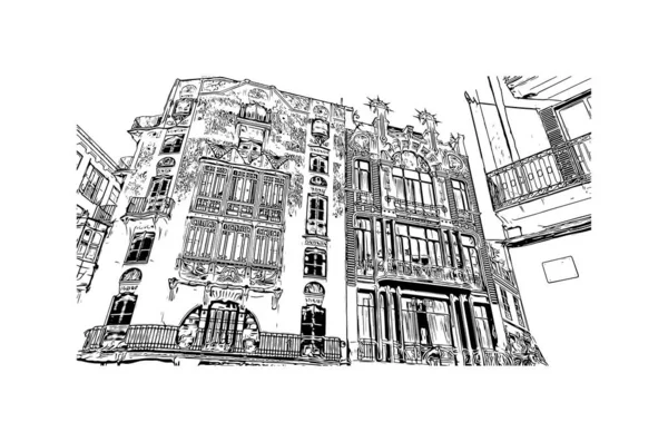 Drukuj Widok Budynku Symbolem Palmy Miasto Hiszpanii Ręcznie Rysowany Szkic — Wektor stockowy