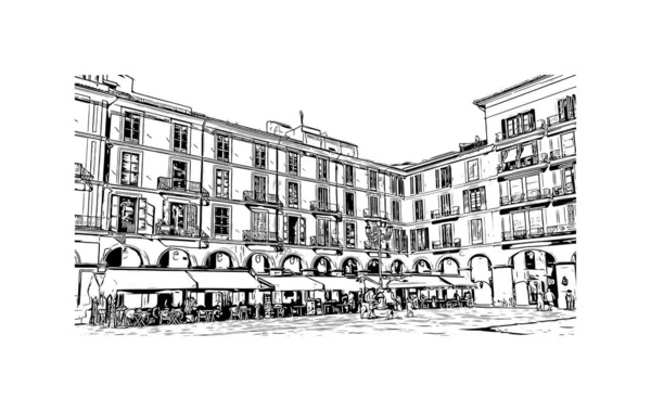 带有帕尔马地标的印刷建筑景观是西班牙的一个城市 矢量手绘草图 — 图库矢量图片