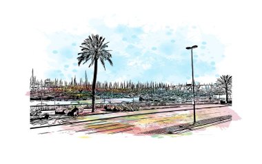 Palma 'nın simgesi olan Print Building View, İspanya' nın başkentidir. Vektörde elle çizilmiş resim ile suluboya sıçraması.