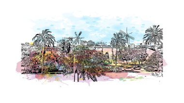 Palma 'nın simgesi olan Print Building View, İspanya' nın başkentidir. Vektörde elle çizilmiş resim ile suluboya sıçraması.