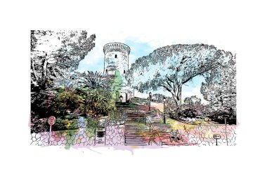 Palma 'nın simgesi olan Print Building View, İspanya' nın başkentidir. Vektörde elle çizilmiş resim ile suluboya sıçraması.