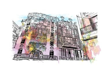 Palma 'nın simgesi olan Print Building View, İspanya' nın başkentidir. Vektörde elle çizilmiş resim ile suluboya sıçraması.