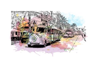 Palma 'nın simgesi olan Print Building View, İspanya' nın başkentidir. Vektörde elle çizilmiş resim ile suluboya sıçraması.