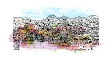 Palma 'nın simgesi olan Print Building View, İspanya' nın başkentidir. Vektörde elle çizilmiş resim ile suluboya sıçraması.