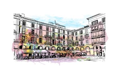 Palma 'nın simgesi olan Print Building View, İspanya' nın başkentidir. Vektörde elle çizilmiş resim ile suluboya sıçraması.