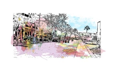 Palma 'nın simgesi olan Print Building View, İspanya' nın başkentidir. Vektörde elle çizilmiş resim ile suluboya sıçraması.