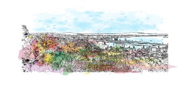 Palma 'nın simgesi olan Print Building View, İspanya' nın başkentidir. Vektörde elle çizilmiş resim ile suluboya sıçraması.