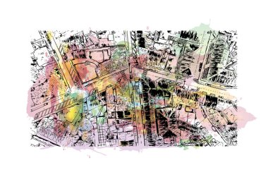 Print Building view with landmark of Palmanova is the town in Italy. Vektörde elle çizilmiş resim ile suluboya sıçraması.