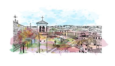 Print Building view with landmark of Palmanova is the town in Italy. Vektörde elle çizilmiş resim ile suluboya sıçraması.