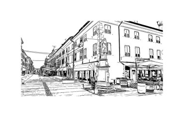 Print Building view with landmark of Palmanova is the town in Italy. Vektörde elle çizilmiş çizim çizimi.
