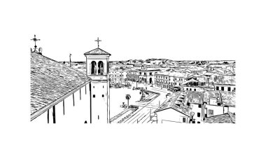 Print Building view with landmark of Palmanova is the town in Italy. Vektörde elle çizilmiş çizim çizimi.