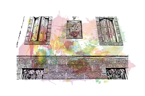印刷Palmanovaのランドマークとビルの景色はイタリアの町です 手描きのスケッチイラストと水彩スプラッシュベクトル — ストックベクタ