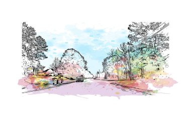 Palmetto 'nun simgesi olan Print Building View Florida' da bulunmaktadır. Vektörde elle çizilmiş resim ile suluboya sıçraması.