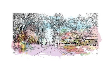 Palmetto 'nun simgesi olan Print Building View Florida' da bulunmaktadır. Vektörde elle çizilmiş resim ile suluboya sıçraması.