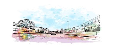 Palmetto 'nun simgesi olan Print Building View Florida' da bulunmaktadır. Vektörde elle çizilmiş resim ile suluboya sıçraması.