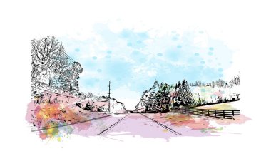 Palmetto 'nun simgesi olan Print Building View Florida' da bulunmaktadır. Vektörde elle çizilmiş resim ile suluboya sıçraması.