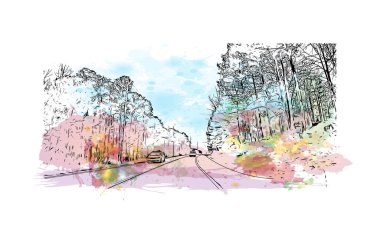 Palmetto 'nun simgesi olan Print Building View Florida' da bulunmaktadır. Vektörde elle çizilmiş resim ile suluboya sıçraması.