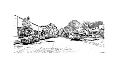 Palo Alto manzaralı Print Building, Kaliforniya 'da bir şehirdir. Vektörde elle çizilmiş resim ile suluboya sıçraması.
