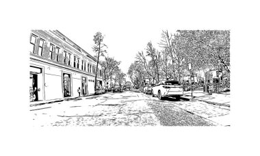 Palo Alto manzaralı Print Building, Kaliforniya 'da bir şehirdir. Vektörde elle çizilmiş çizim çizimi.