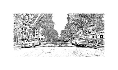 Palo Alto manzaralı Print Building, Kaliforniya 'da bir şehirdir. Vektörde elle çizilmiş çizim çizimi.