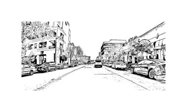 Palo Alto manzaralı Print Building, Kaliforniya 'da bir şehirdir. Vektörde elle çizilmiş çizim çizimi.