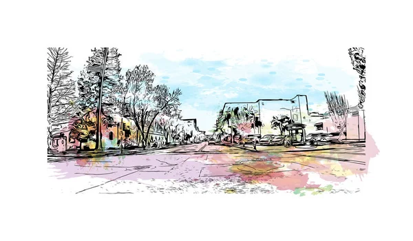 Palo Alto manzaralı Print Building, Kaliforniya 'da bir şehirdir. Vektörde elle çizilmiş çizim çizimi.