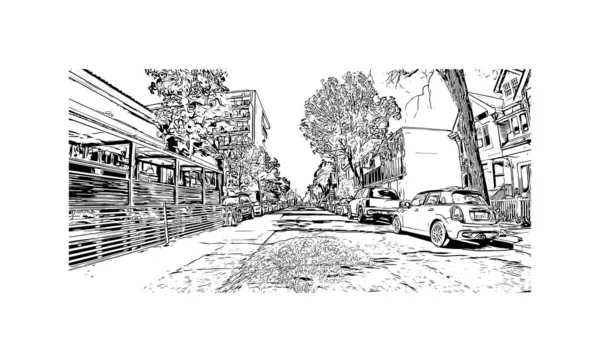 Palo Alto manzaralı Print Building, Kaliforniya 'da bir şehirdir. Vektörde elle çizilmiş çizim çizimi.