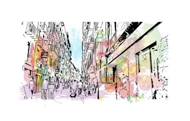 Pamplona 'nın simgesi olan Print Building View, İspanya' nın başkentidir. Vektörde elle çizilmiş resim ile suluboya sıçraması.