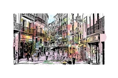 Pamplona 'nın simgesi olan Print Building View, İspanya' nın başkentidir. Vektörde elle çizilmiş resim ile suluboya sıçraması.