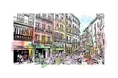 Pamplona 'nın simgesi olan Print Building View, İspanya' nın başkentidir. Vektörde elle çizilmiş resim ile suluboya sıçraması.