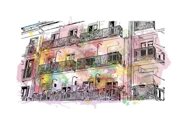 Pamplona 'nın simgesi olan Print Building View, İspanya' nın başkentidir. Vektörde elle çizilmiş resim ile suluboya sıçraması.