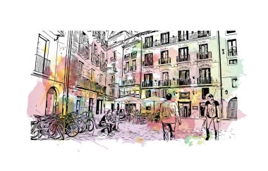 Pamplona 'nın simgesi olan Print Building View, İspanya' nın başkentidir. Vektörde elle çizilmiş resim ile suluboya sıçraması.