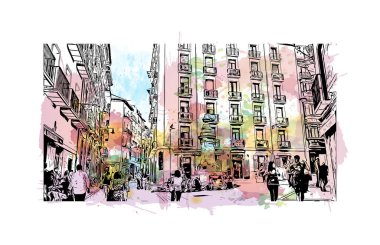 Pamplona 'nın simgesi olan Print Building View, İspanya' nın başkentidir. Vektörde elle çizilmiş resim ile suluboya sıçraması.