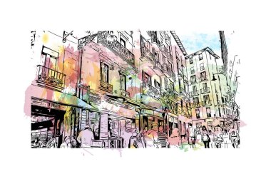 Pamplona 'nın simgesi olan Print Building View, İspanya' nın başkentidir. Vektörde elle çizilmiş resim ile suluboya sıçraması.