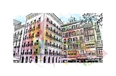 Pamplona 'nın simgesi olan Print Building View, İspanya' nın başkentidir. Vektörde elle çizilmiş resim ile suluboya sıçraması.