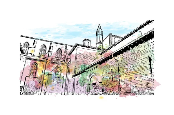 Vytisknout Pohled Budovu Orientačním Bodem Pamplona Město Španělsku Akvarelové Stříknutí — Stockový vektor