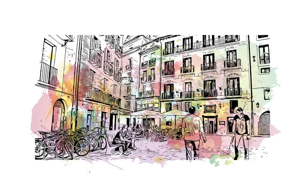 Print Building View Landmark Pamplona City Spain Watercolor Splash Hand — Stock Vector
