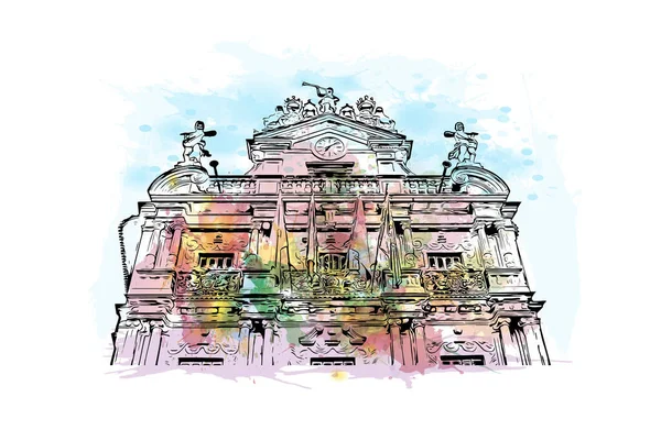 潘普洛纳的标志性建筑是西班牙的城市 矢量手绘示意图水彩画 — 图库矢量图片